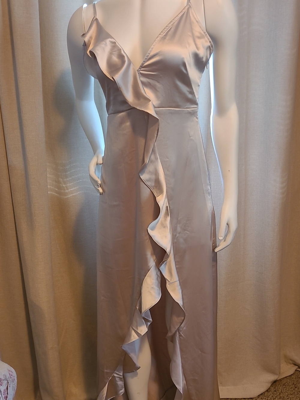 Vici Satin Ruffle Wrap Maxi Dress in Light Taupe